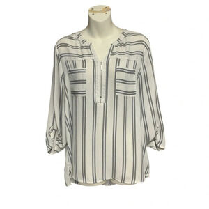 Maurice’s cream/black quarter zip blouse roll tab sleeves semi sheer size L